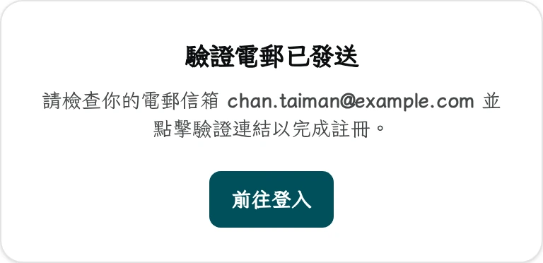 驗證電郵已發送畫面：提示到個人電郵信箱點擊驗證連結